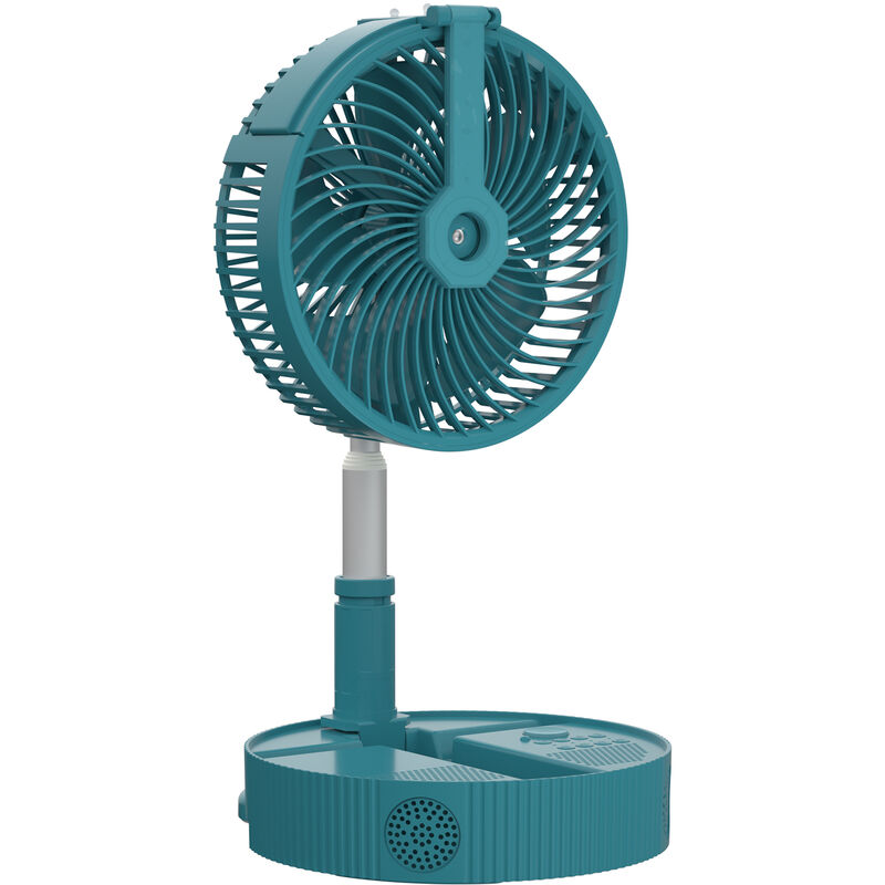 

Ventilador de suelo con soporte plegable 8 en 1, luz nocturna de pulverizacion Funcion de altavoz Ventilador de escritorio portatil recargable USB