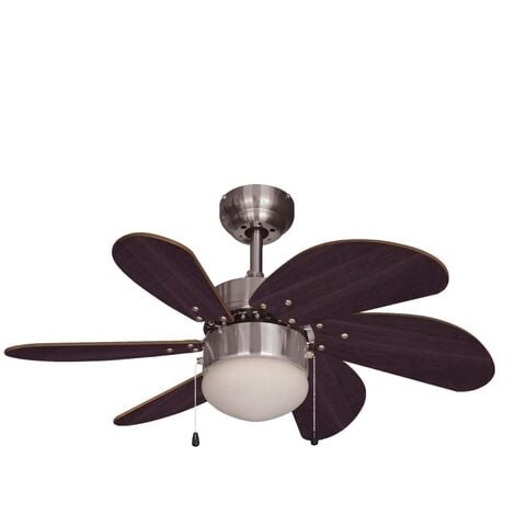 ventilador de techo  50w   75cm  6 palas de madera marrón/estilo wengué  interruptor verano/invierno  cadenas para 3 velocidades y para iluminación (bombilla de 60w máx. no incluida)  caudal de aire 7