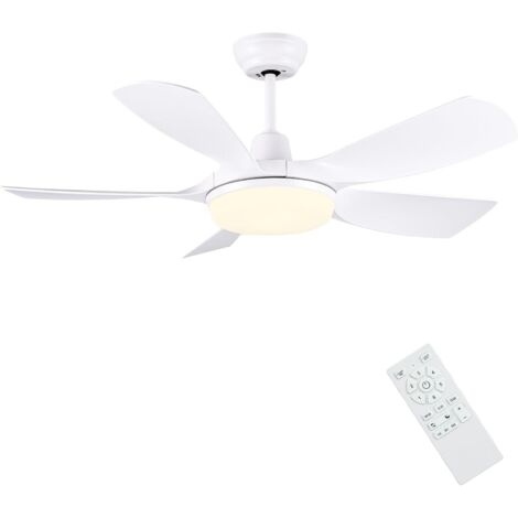 Ventilador de techo blanco, 106 cm, silencioso, con luz y mando a distancia, regulable, con 5 aspas reversibles de motor de CC y función de memoria.