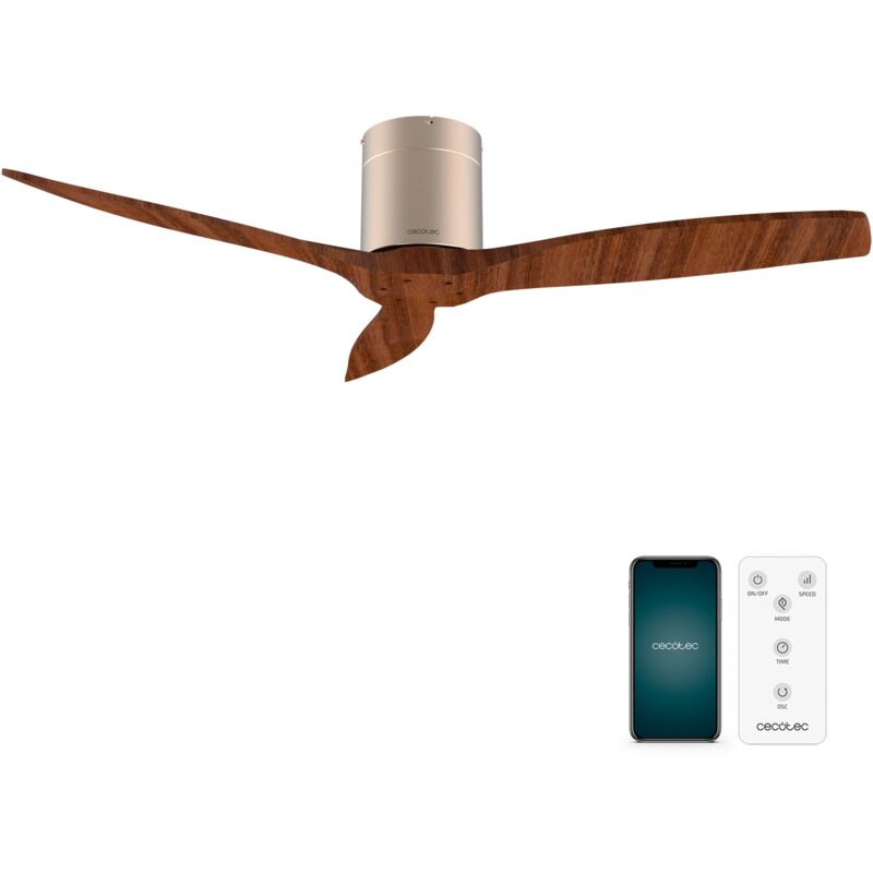 Cecotec Ventilador de Techo EnergySilence Aero 5500 Aqua GoldDarkWood Connected, Motor DC 40W, Diámetro 132 cm, Bajo consumo, Wifi, Mando,