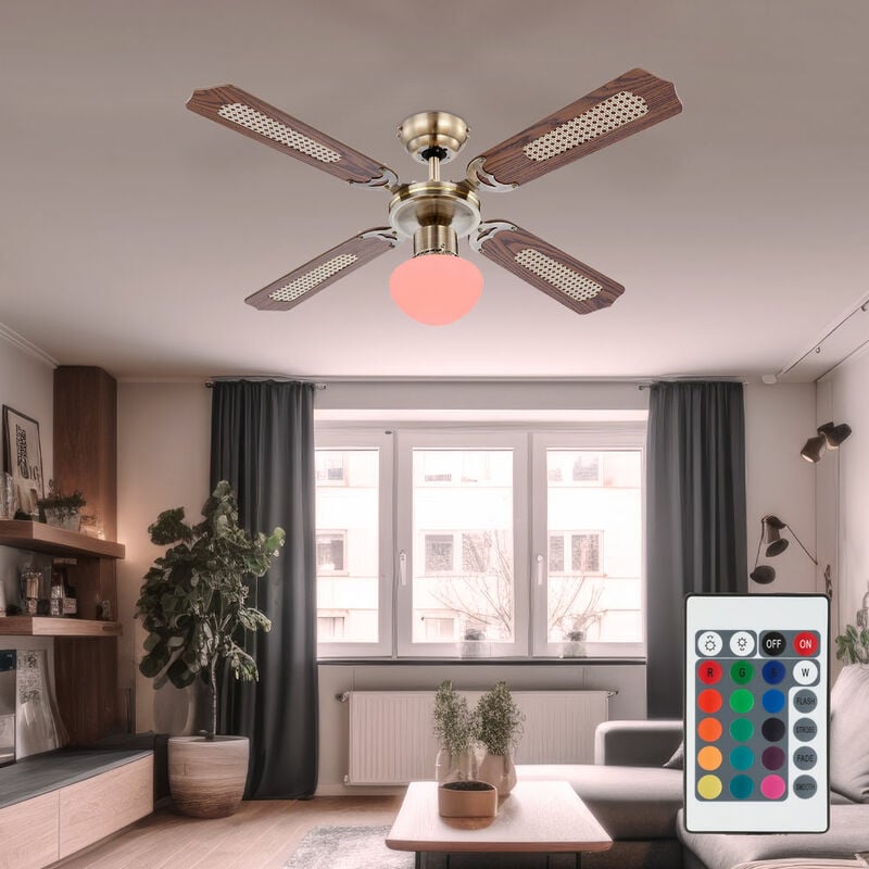 

Ventilador de techo con cambiador de color RGB-LED, mando a distancia, interruptor de 3 pasos hacia delante / hacia atrás 106,6 cm