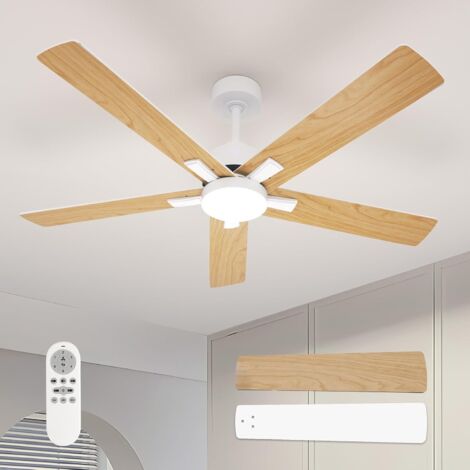 Ventilador de techo con luz integrada, 132 cm, CC, 3 temperaturas de color, 6 velocidades, función verano/invierno para dormitorio, madera clara.
