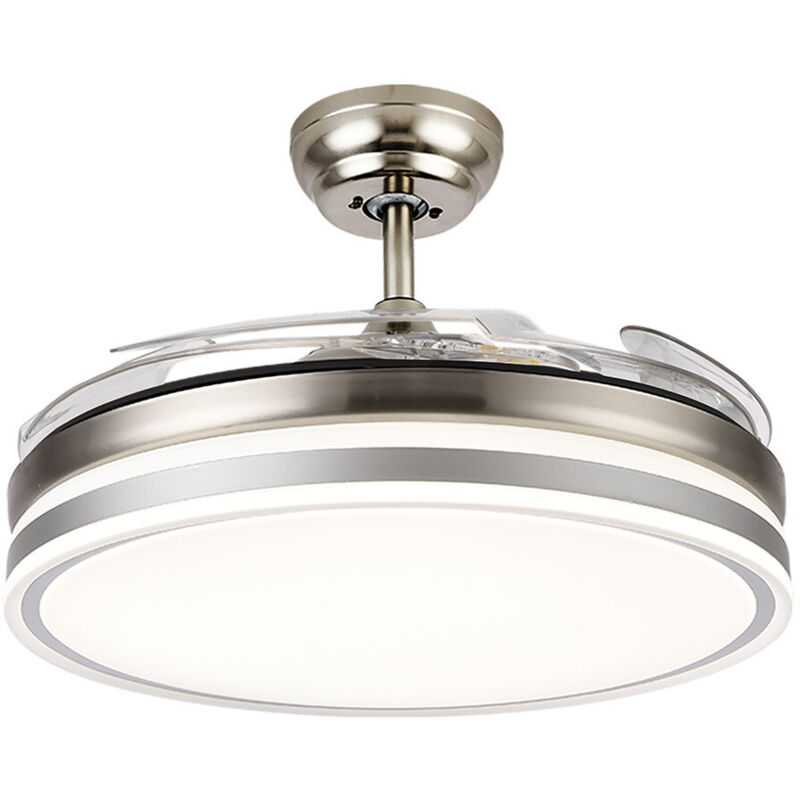 FABRILAMP - Ventilador de Techo con Luz LED 59W Motor DC Modelo BAYOMO NIQUEL 4 Aspas Retráctiles 3 Tonalidades 6 Velocidades Control Remoto