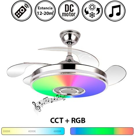 Ventilador de techo con luz silencioso DC con mando Cromo RGB bluetooth altavoz Noto 108 cm invierno-verano color luz regulable