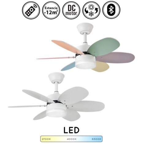 Ventilador de techo con luz silencioso DC con mando KIDS blanco colores pastel 85 cm invierno-verano color luz regulable bluetooth