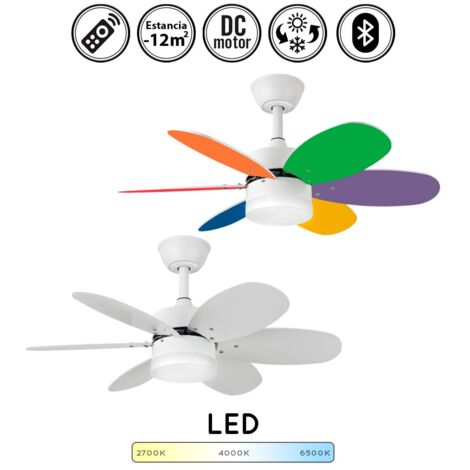 Ventilador de techo con luz silencioso DC con mando KIDS blanco y colores vivos 85 cm invierno-verano color luz regulable bluetooth