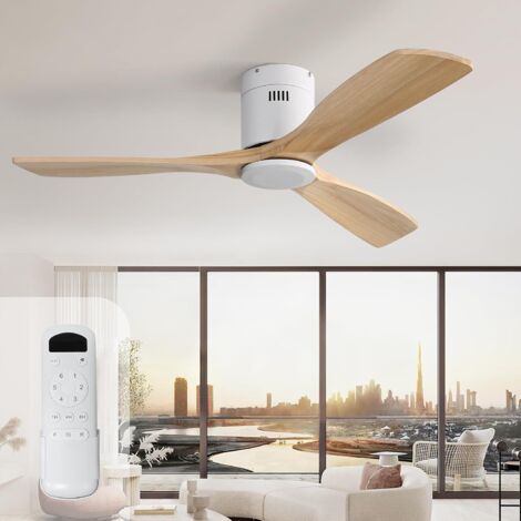 Ventilador de techo con mando a distancia, 132 cm, madera maciza, 3 aspas, 6 velocidades, motor CC silencioso, temporizador para dormitorio.