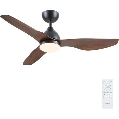 Ventilador de techo de 116 cm en negro y madera con luz y mando a distancia, silencioso, bombilla regulable, 3 aspas reversibles, modo de suspensión, 6 velocidades, función de memoria para dormitorio,