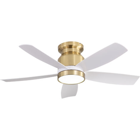 Ventilador de techo de 42 pulgadas con LED regulable, motor de CC reversible, control remoto, 6 velocidades, ABS blanco y dorado.