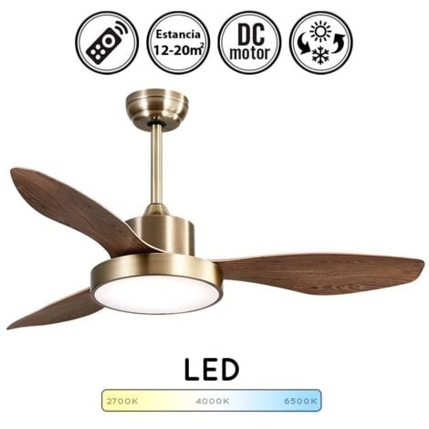 FABRILAMP Ventilador de techo LED "Hayate" regulable con mando a distancia (48W 3CCT 4080lm) IP20 color cuero y roble