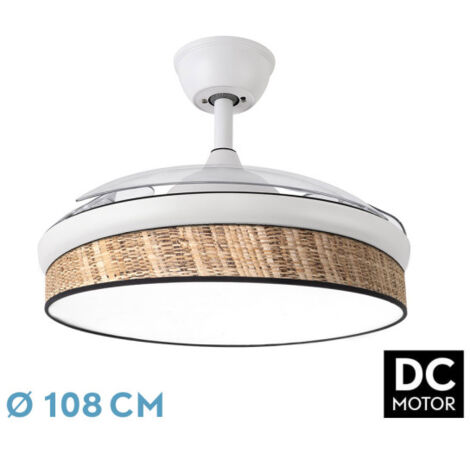 Ventilador de Techo LED Moda FABRILAMP Blanco/Cañizo Oscuro, 108 cm, 72W, 7200 lm, Motor DC, 3 Aspas Retráctiles y Mando