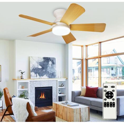 Ventilador de techo moderno con luz: Ventilador pequeño blanco de 35 pulgadas - Ventilador de techo regulable con control remoto, 5 aspas de madera reversibles, 6 velocidades, temporizador