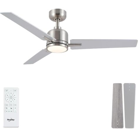 Ventilador de techo plateado, 122 cm, con luces y mando a distancia, silencioso, con aspas de madera MDF, 3 ajustes de temporizador, motor de CC reversible para dormitorio.