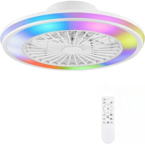 Ventilador de techo silencioso con luz, 49,5 cm, sin aspas, LED de 32 W + motor de CC de 16 W, 6 velocidades, 3 colores, control por aplicación y mando a distancia, temporizador, luz blanca (RGB).