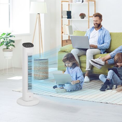 Ventilador de Torre 50W con Control Remoto 3 Velocidades Temporizador 15h Oscilación Pantalla LED 30x30x78 cm Blanco