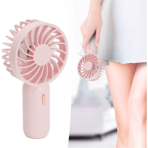 Ventilador de viaje USB recargable con potente flujo de aire, 3 velocidades y correa de transporte para la escuela o la oficina – Rosa