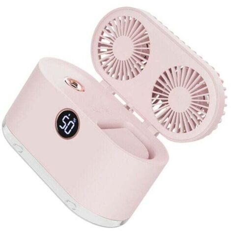 Ventilador humidificador pequeño 2 en 1, recargable por USB, potente viento, portátil, con aspas dobles, para oficina y dormitorio, color rosa