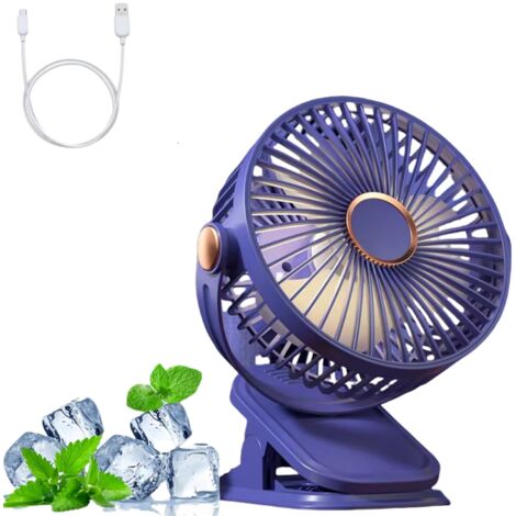 Ventilador portátil con clip, ventilador de camping, 5 velocidades, puerto USB, con luz nocturna, azul, 1200 Ah