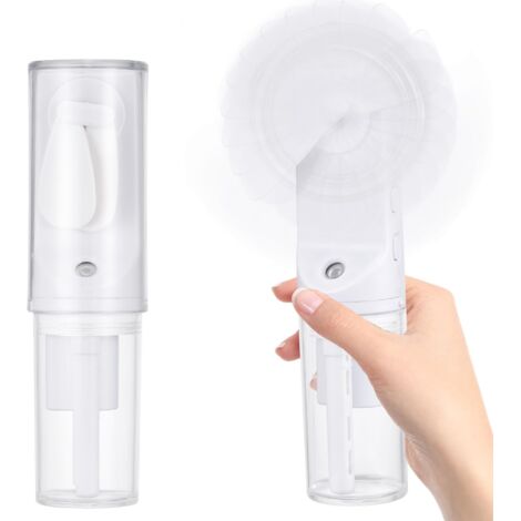 Ventilador portátil con función de nebulización, mini ventilador de mano recargable, ventilador pequeño con 4 velocidades para viajes, oficina en casa, camping y uso al aire libre (blanco).