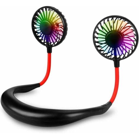 Ventilador portátil de cuello, mini ventilador de cuello recargable por USB con luz LED, enfriador de aire con cabezal de viento doble, 3 velocidades para oficina, viajes y deportes (negro)