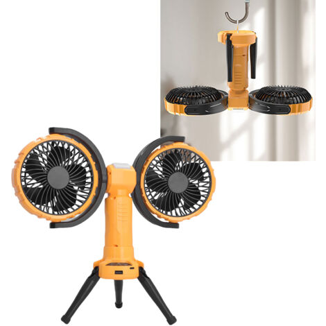 Ventilador portátil de doble brazo, recargable por USB, color naranja/rojo con iluminación LED, batería de 8000 mAh (24 horas de autonomía), ideal para acampar, pescar y usar en la oficina. Dimensione