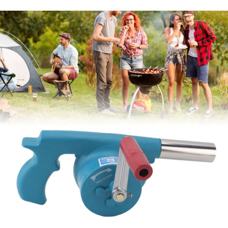 Ventilador portátil de manivela para barbacoas y camping – plástico ABS, acero inoxidable, 29 cm, azul – aumenta el rendimiento del fuego.