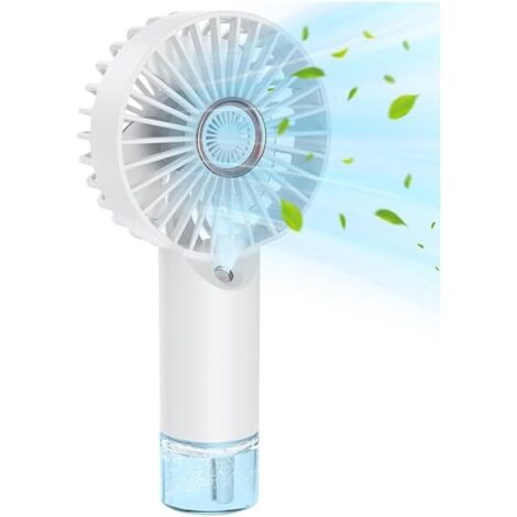 Ventilador portátil personal con función de nebulización, recargable, 3 velocidades, ideal para viajes, playa y oficina, color blanco.