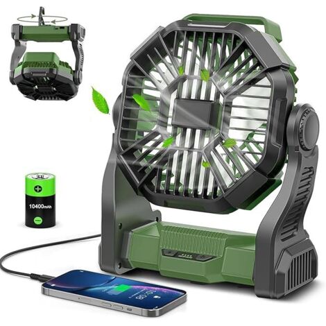 Ventilador portátil recargable, alimentado por una batería de 10,400 mAh, con linterna LED, USB C, ideal para viajes, dormitorio, camping, oficina, playa y pesca (verde)