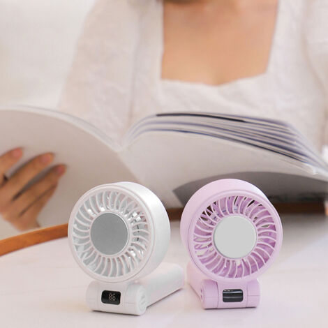 Ventilador portátil recargable con 5 velocidades, diseño plegable y discreto, incluye base de carga y correa de transporte para uso diario.