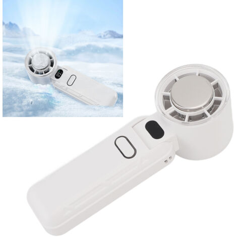 Ventilador portátil recargable con 5 velocidades, pantalla digital – modelo mini, ABS blanco, 55 x 54,5 x 167 mm con función de enfriamiento por hielo.