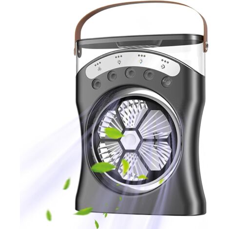 Ventilador recargable con chorro de agua, luz, rotación de 180 grados y 3 velocidades, color negro.
