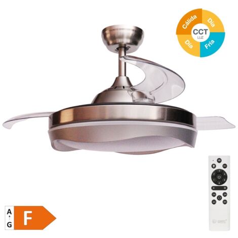 Ventilador techo Nicosia con luz CCT regulable y mando Ø107 3 aspas retráctiles DC Níquel