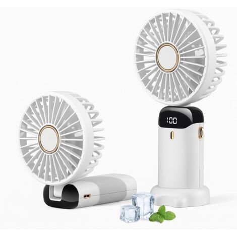 Ventilador USB portátil recargable genérico blanco, mini ventilador de escritorio de mano, 5 velocidades con base, pantalla LED, silencioso, plegable, 800 mAh (blanco)