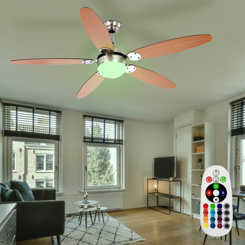 

Ventilador de techo LED con cambiador de color RGB control remoto 3 pasos interruptor de tracción hacia adelante / atrás 132 cm