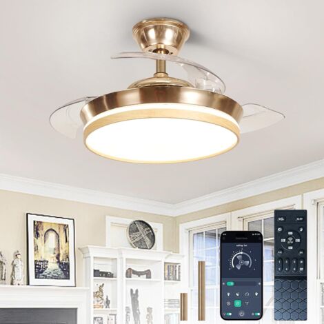 Ventiladores de techo retráctiles con luz: Ventilador de techo de 91 cm con control remoto - Ventilador regulable en color dorado y con vetas de madera para dormitorio
