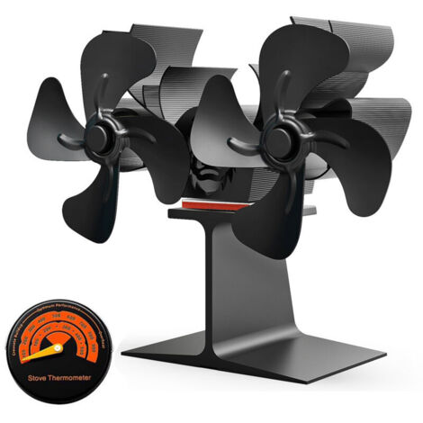 Ventilateur à double moteur avec thermomètre magnétique intégré pour poêles à bois, à gaz et à granulés, noir. Compatible avec les poêles à bois, à gaz et à granulés.