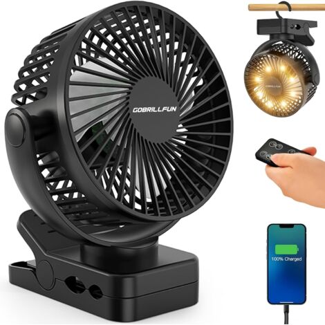 Ventilateur à pince de 15,2 cm (6 pouces) 12000 mAh avec télécommande, rechargeable par USB avec lumières LED, 3 vitesses, ventilateur à piles avec minuterie (noir profond) (6 Inch)