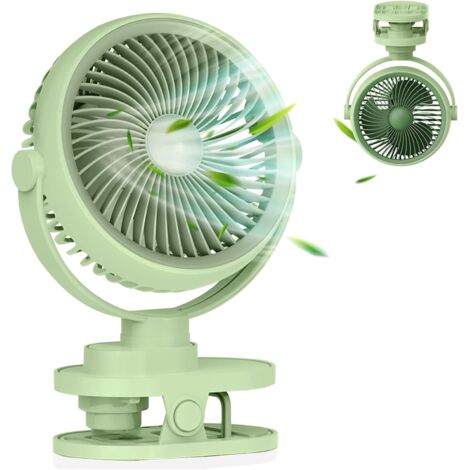 Ventilateur à Pince USB Rechargeable 1200mAh,5 Vitesses, Rotation 360°, Pince Inversible Anti-Rayures,Compact pour Poussette/Voiture/Bureau ,Avec Veilleuse Mini Ventilateur - Cadeau d'Été Idéal (Vert)