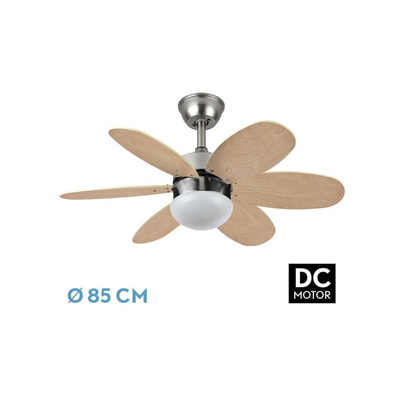 Fabrilamp - Ventilateur dc 6 pales, couleur blanc et hêtre, 41x85 cm, télécommande, minuterie, idéal pour rafraîchir les pièces et réguler la