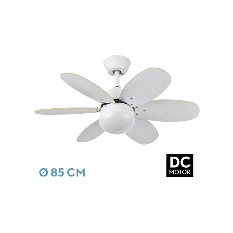 Fabrilamp - Ventilateur dc 6 pales, réversible blanc/hêtre, 41x85 cm, remote control et minuterie, idéal pour climatiser les espaces et améliorer le