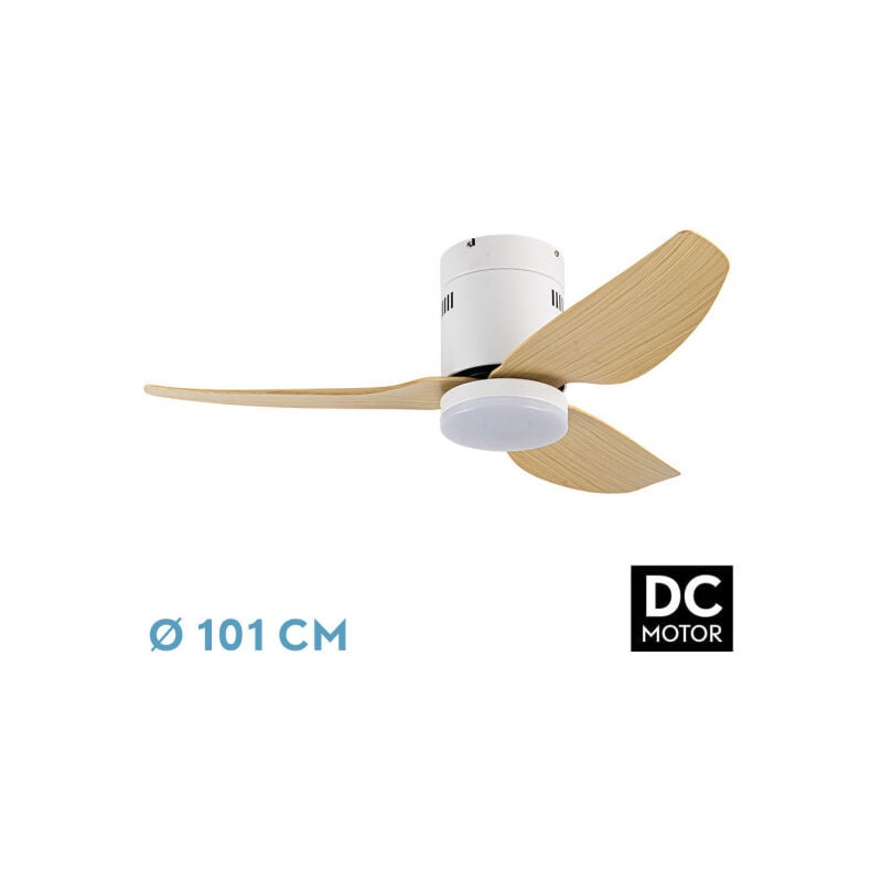 Fabrilamp - borax Ventilateur dc White avec three Pales en hêtre avec lumière avec 6 vitesses réglables 3 températures de lumière sélectionnables