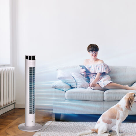 Ventilateur colonne avec télécommande minuterie 12 heures 3 vitesses écran LED oscillant 70 ° Ø 31.5 x 93 cm blanc