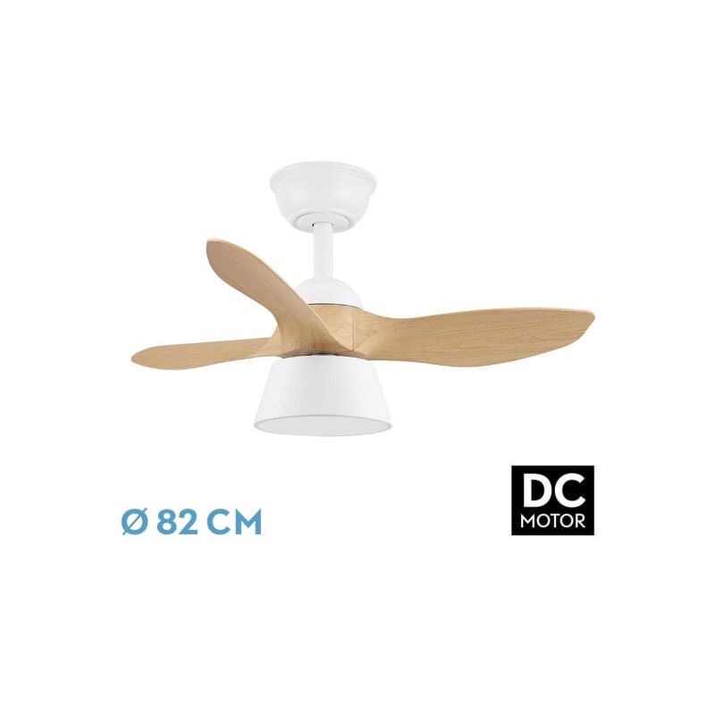 Fabrilamp - Fan DC-White/Beech with threeBladeswith 6 Adjustable Speeds 3 Temperatures ofLight Selectable Remote Control Included