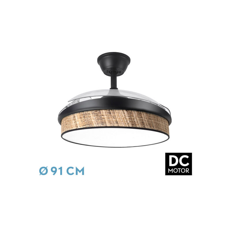 Fabrilamp - fan dc fashion fan - Black with three abs Deployable Blades and Dark Canopy Diffuser 6 Adjustable Speeds 3 Temperatures ofLight with