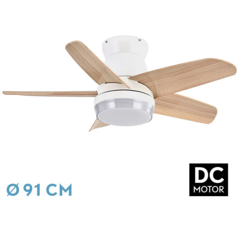 ABRILA - Ventilateur DC NEUTRON Couleur White avec cinq pales en hêtre avec 6 vitesses réglables avec 3 températures of Light Télécommande incluse