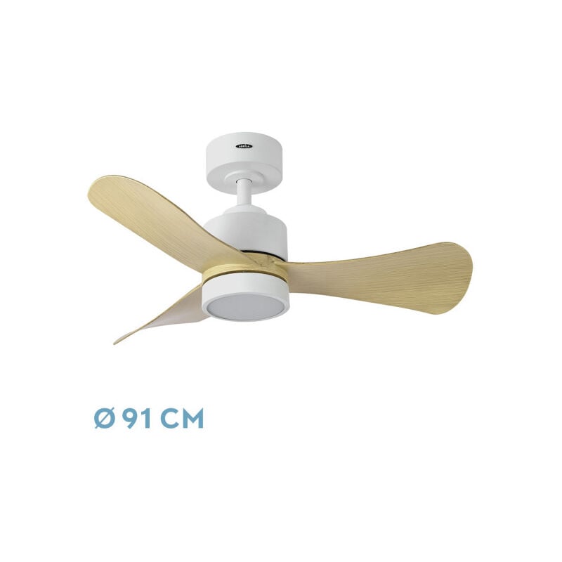 Fabrilamp - Abrila -Fan dc zepelin White with three Blades in Beech Colour with 6 Adjustable Speeds with 3 Temperatures Light Remote Control Included