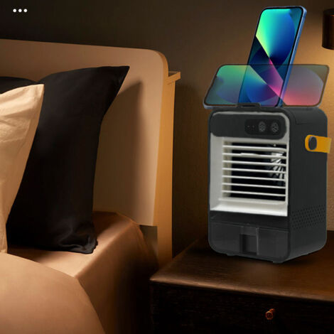 Ventilateur de bureau intelligent [3 vitesses, miroir intégré] Conditionneur d'air portable silencieux avec humidification et support téléphone ABS noir pour bureau et chambre