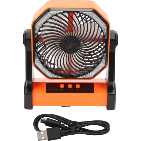 Ventilateur de camping avec lanterne LED 4 niveaux Pivot à 270 degrés Grand volume d'air Ventilateur de tente extérieur rechargeable USB avec crochet lumineux Orange