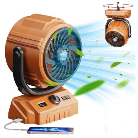 Ventilateur de Camping avec lanterne LED, 6000mAh Ventilateur Rechargeable Avec et Crochet, Rotation 270°, Vitesse Réglable,Pour l'intérieur et l'extérieur (orange)