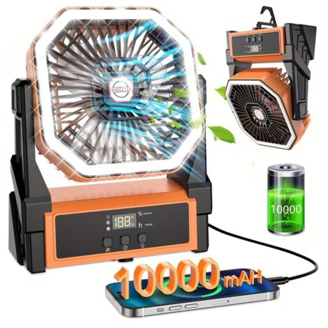 Ventilateur de Camping Extérieur avec Lumière, Alimenté par Batterie 10000mAh, Ventilateur Portable Rechargeable avec et Crochet , 4 Vitesses Pour le Voyage (Orange)